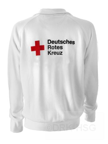 DRK-Sweatjacke College, weiß mit DRK Kompakt Logo auf Brust und Rücken