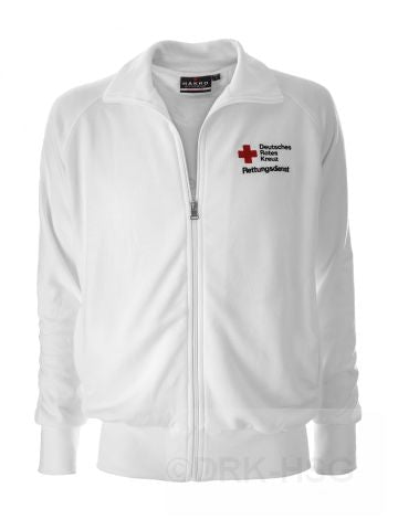 DRK-Sweatjacke College, weiß Kompaktlogo+Rettungsdienst, vorne und hinten