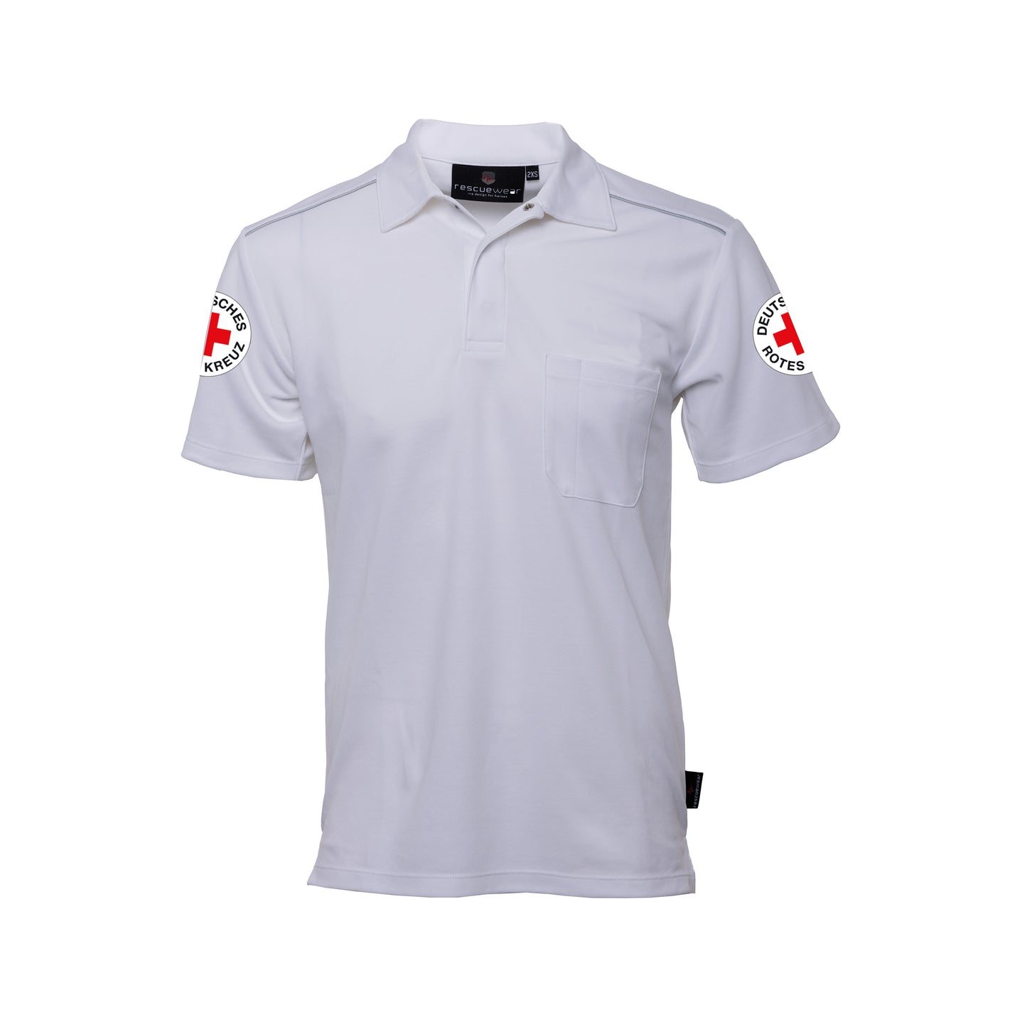 DRK-Poloshirt, weiß, mit Rundlogodruck auf beiden Ärmeln