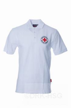 DRK-Poloshirt, weiß, mit Rundlogodruck auf Brust und Rücken