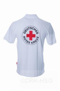 DRK-Poloshirt, weiß, mit Rundlogodruck auf Brust und Rücken