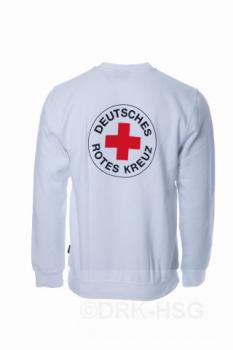 DRK-Sweatshirt, weiß, mit Rundlogodruck auf Brust und Rücken